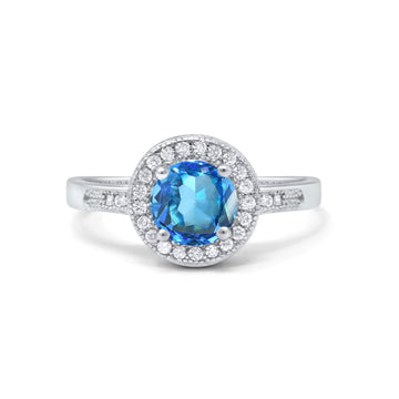 14K White Gold 0.94ct Round Art Deco 6mm G SI Natural Blue Topaz Diamond Engagement Wedding Ring Size 6.5